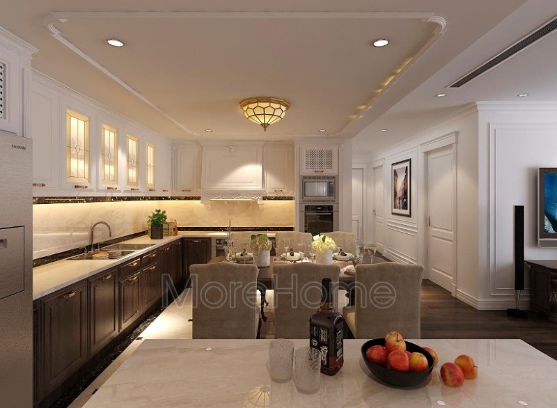 Thiết kế nội thất phòng bếp căn hộ cao cấp phong cách tân cổ điển.