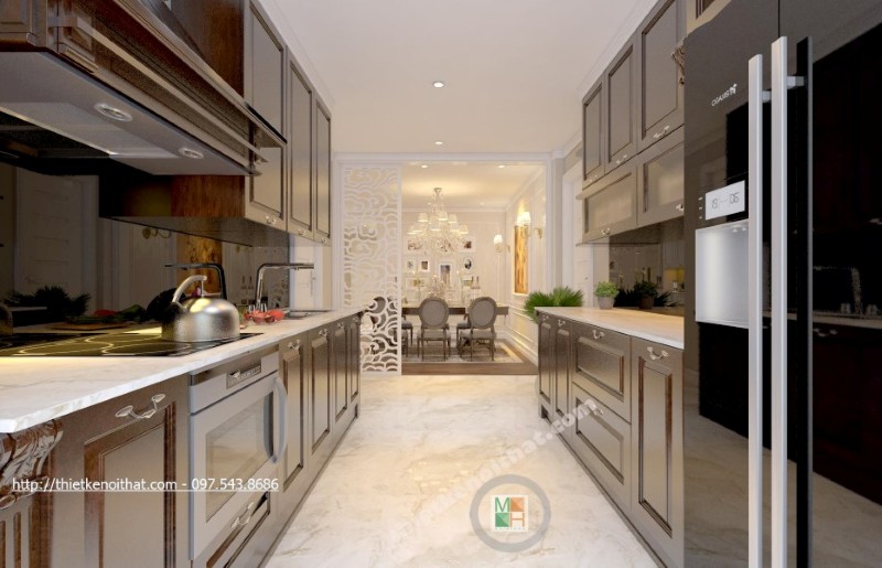 Mẫu thiết kế nội thất phòng bếp chung cư được bố trí hợp lí, các thiết bị nhà bếp hiện đại cũng được gia chủ lựa chọn nhằm mang lại sự tiện nghi nhất cho người nội trợ