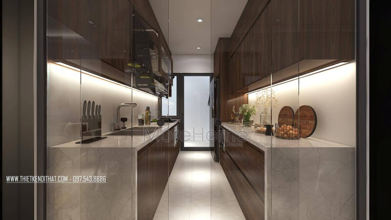 Mẫu tủ bếp được thiết kế hiện đại với chất liệu gỗ công nghiệp và đá granite dễ dàng thi công và lắp đặt Mẫu tủ bếp gỗ công nghiệp đẹp hiện đại và chất lượng