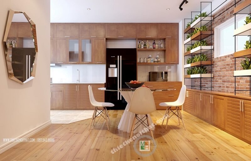 Mẫu thiết kế phòng ăn chung cư hiện đại với bộ bàn ăn đơn giản nhỏ gọn kết hợp hệ tủ bếp gỗ công nghiệp cao cấp mang đến không gian phòng ăn lí tưởng Mẫu tủ bếp gỗ công nghiệp đẹp hiện đại và chất lượng