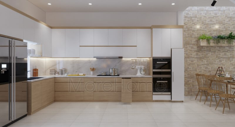 Thiết kế tủ bếp gỗ veneer màu vàng nâu và màu trắng đơn giản cho không gian phòng bếp đẹpđộc đáo Mẫu tủ bếp gỗ công nghiệp đẹp hiện đại và chất lượng
