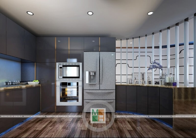 Mẫu thiết kế phòng bếp chung cư tiện nghi với hệ tủ bếp gỗ công nghiệp cao cấp mang đến không gian nội trợ lí tưởng cho chị em Mẫu tủ bếp gỗ công nghiệp đẹp hiện đại và chất lượng