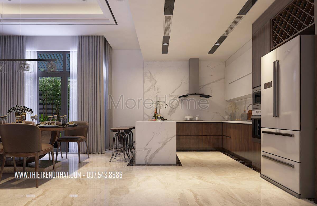 Mẫu tủ bếp gỗ công nghiệp veneer màu nâu chữ L hiện đại là điểm nhấn cho không gian bếp Mẫu tủ bếp gỗ công nghiệp đẹp hiện đại và chất lượng