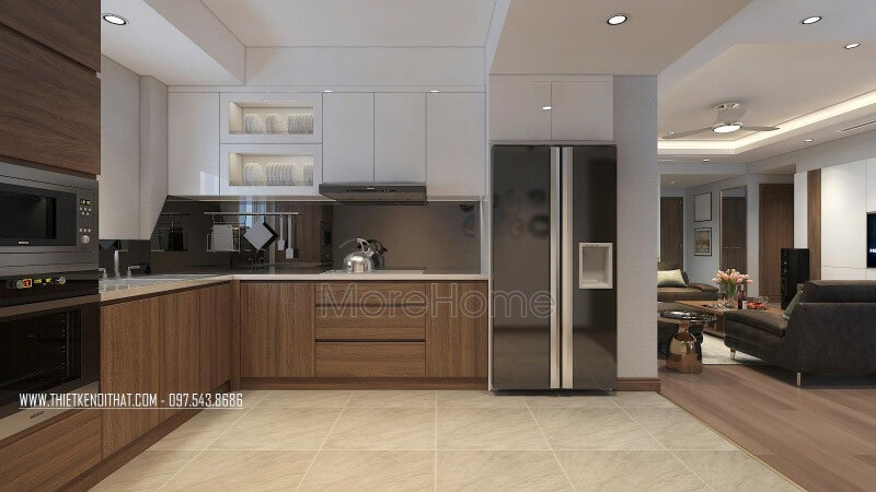 Tủ bếp dưới sử dụng chất liệu gỗ công nghiệp dán Veneer, tủ bếp trên được sử dụng với chất liệu gỗ công nghiệp phủ bề mặt acrylic tiện nghi, đa năng Mẫu tủ bếp gỗ công nghiệp đẹp hiện đại và chất lượng
