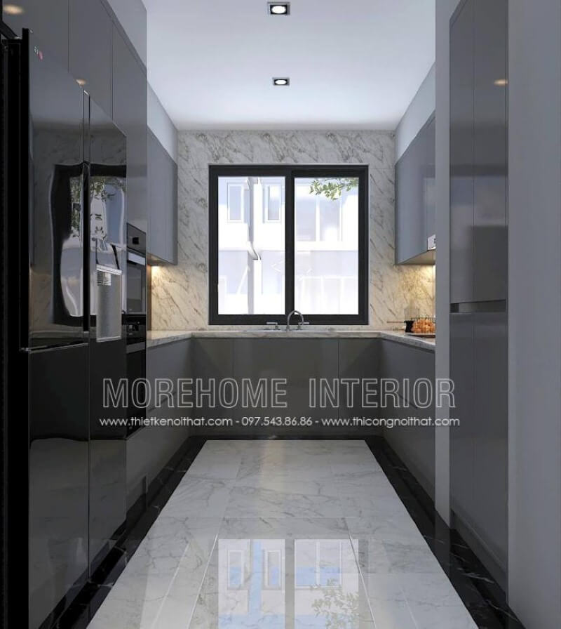 Với không gian bếp không được lớn, bạn nên trang trí nội thất với tủ bếp hình chữ U hiện đại gỗ acrylic trong đây với một bên bố trí tủ lạnh, lò vi sóng, lò nướng một bên là bếp từ nấu và tủ bếp đựng bát đĩa, xoong nồi cần thiết và ở giữa là chậu rửa là một trong những gợi ý giúp không gian bếp được phát huy tối đa công năng. tủ bếp gỗ công nghiệp