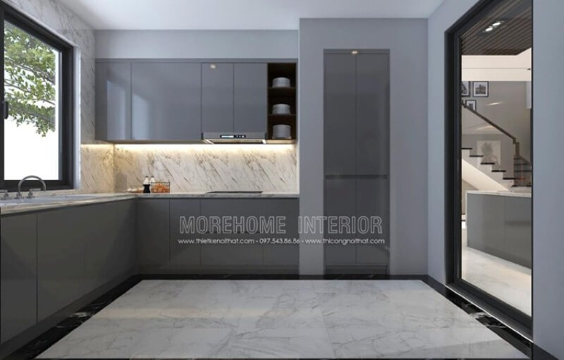 Tủ bếp đẹp, sang trọng ấn tượng với chất liệu gỗ acrylic màu xám độc đáo. Mẫu tủ bếp gỗ công nghiệp hiện đại đẹp