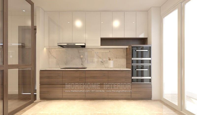 Thiết kế tủ bếp gỗ công nghiệp kịch trần giúp tận dụng không gian để đồ phía trên, rất phù hợp với không gian nhà phố, chung cư nhỏ tủ bếp gỗ công nghiệp