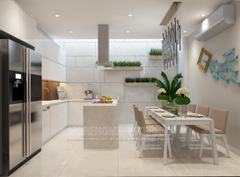Mẫu tủ bếp gỗ Acrylic nhẹ nhàng kết hợp màu trắng chủ đạo mang lại không gian nhà bếp hiện đại và rộng rãi hơn tủ bếp gỗ công nghiệp