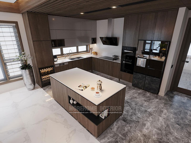 Nội thất phòng bếp tiện nghi với mẫu tủ bếp chữ l gỗ công nghiệp cùng hệ thống thiết bị bếp hiện đại tạo không gian nấu nướng thoải mái cho người nội trợ Mẫu tủ bếp gỗ công nghiệp hiện đại đẹp
