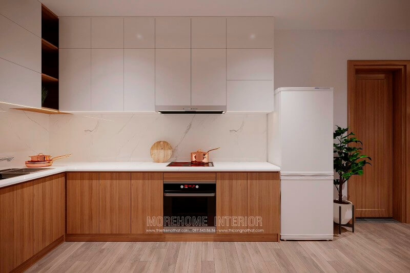 Lựa chọn tủ bếp hiện đại chất liệu gỗ công nghiệp màu trắng chủ đạo dễ dàng mang lại không gian rộng rãi, sạch sẽ, phù hợp với không gian có diện tích nhỏ hẹp như chung cư, nhà phố... Mẫu tủ bếp gỗ công nghiệp hiện đại đẹp