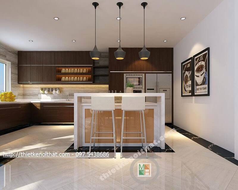 Mẫu tủ bếp gỗ công nghiệp màu nâu với thiết kế dài chữ L cho phòng bếp mang đến sự tiện nghi cho người nội trợ Mẫu tủ bếp gỗ công nghiệp hiện đại đẹp