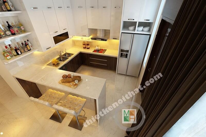 Mẫu tủ bếp chữ L gỗ công nghiệp hiệ đại, bề mặt ốp đá cao cấp mang đến không gian sạch sẽ cho người nội trợ Mẫu tủ bếp gỗ công nghiệp đẹp hiện đại và chất lượng