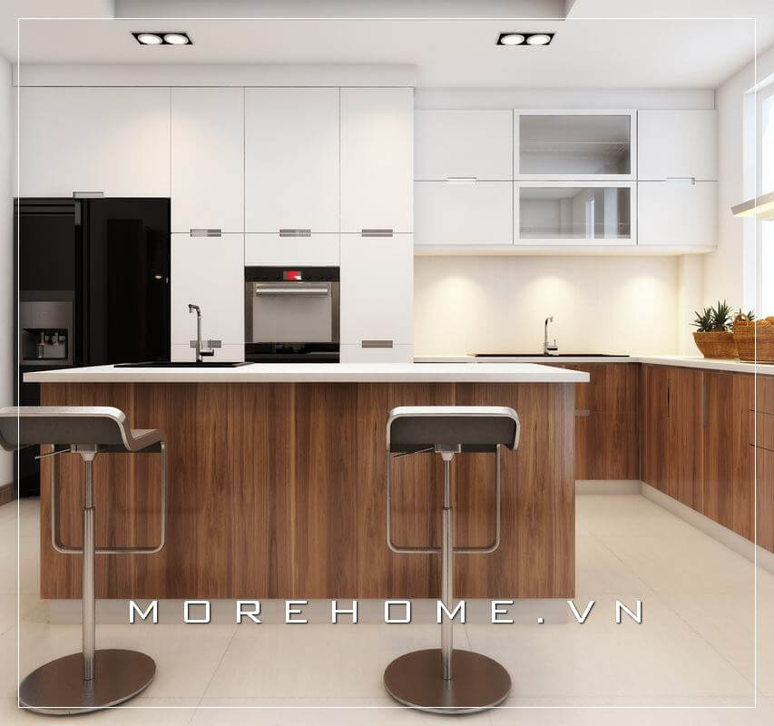 Mẫu tủ bếp gỗ công nghiệp chữ L màu nâu hiện đại, tinh tế và tiện nghi cho không gian phòng bếp tủ bếp gỗ công nghiệp