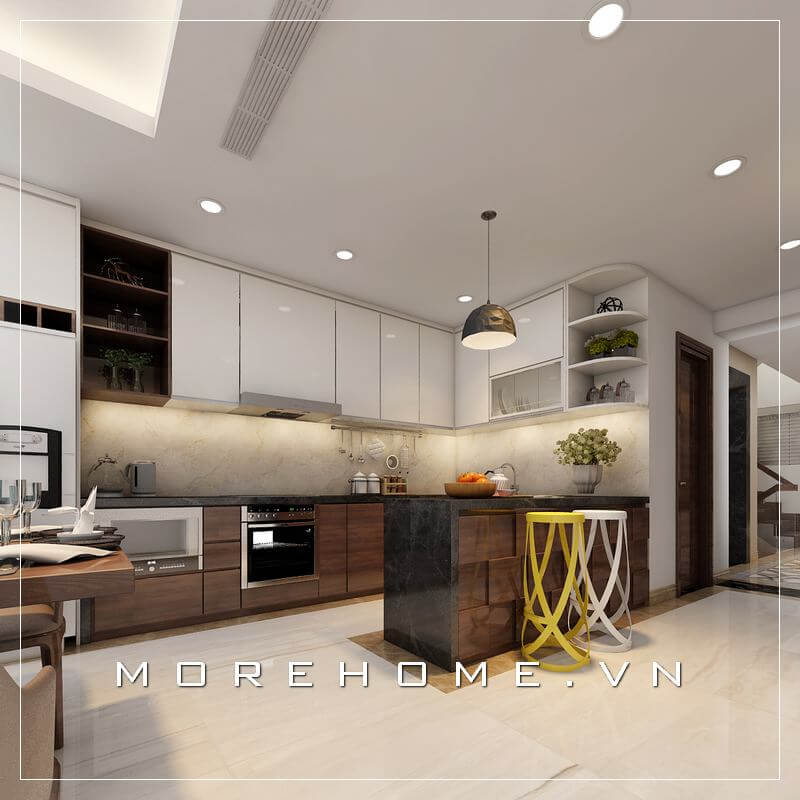 Mẫu tủ bếp gỗ công nghiệp màu nâu với thiết kế đơn giản kết hợp thiết bị phòng bếp hiện đại mang đến không gian tiện nghi và hứng thú nấu ăn cho người nội trợ tủ bếp gỗ công nghiệp