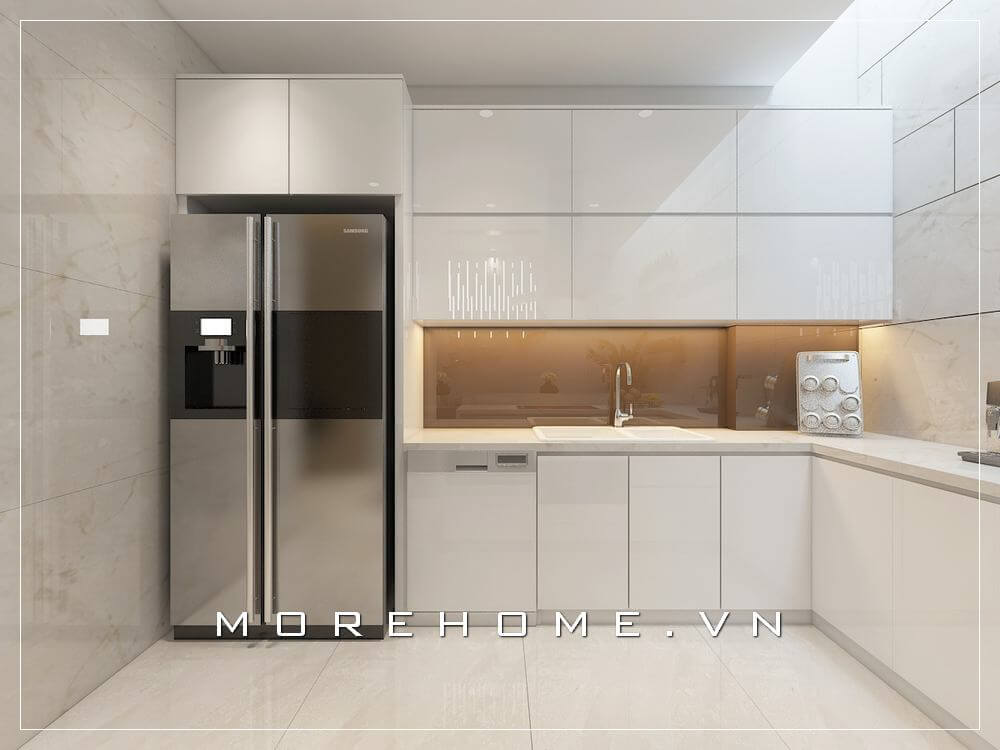 Không gian phòng bếp hiện đại với mẫu tủ bếp ốp màu trắng, mặt bếp đá solid surface màu trắng mang đến không gian nấu nướng tiện nghi cho người nội trợ tủ bếp gỗ công nghiệp