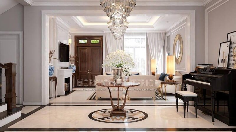 Không gian trong Sảnh phòng khách được trang trí đẹp mắt với một bàn và một đàn Piano sang trọng.